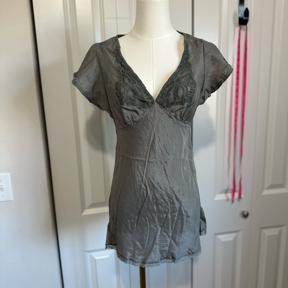 Free People Silky Lace-Trim V-Neck Blouse - Gray